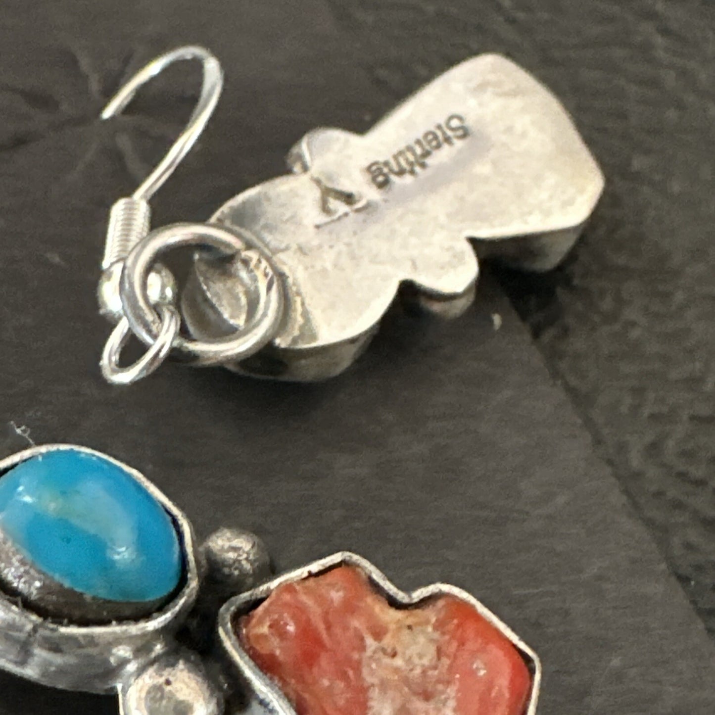 Handmade Blue Turquoise Red Coral Sterling Silver Navajo Dangle Earrings 18839