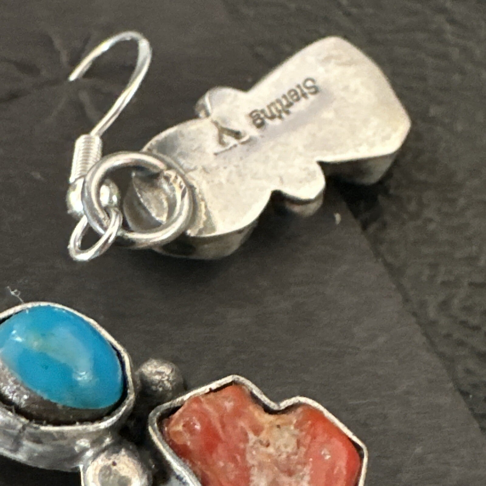 Handmade Blue Turquoise Red Coral Sterling Silver Navajo Dangle Earrings 18839