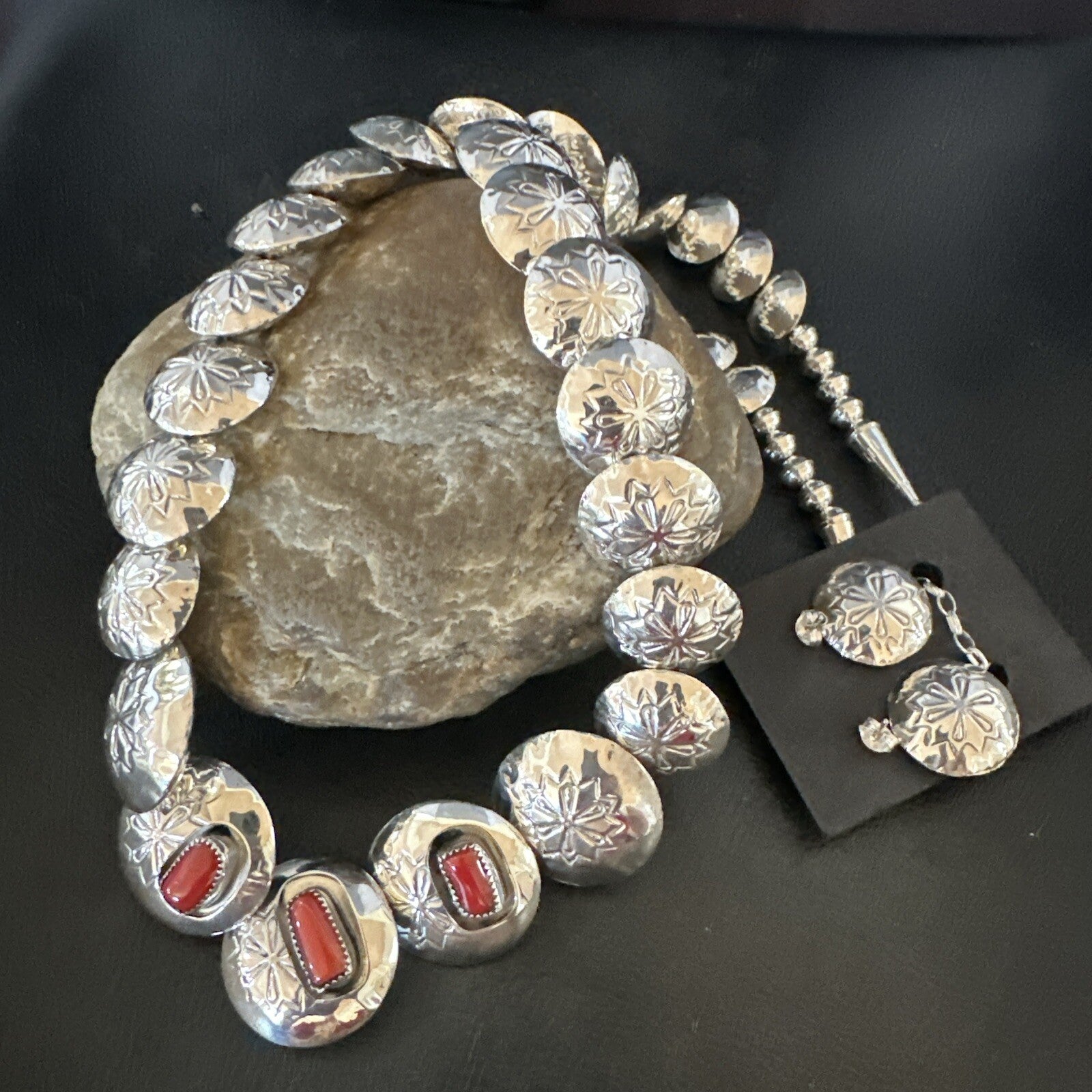 Reversible Coral Turquoise Navajo Sterling Silver Necklace Earrings 24" 17769