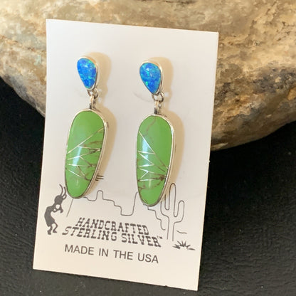 Green Gaspeite Opal Navajo Sterling Silver Inlay Earrings 1.25" 19177
