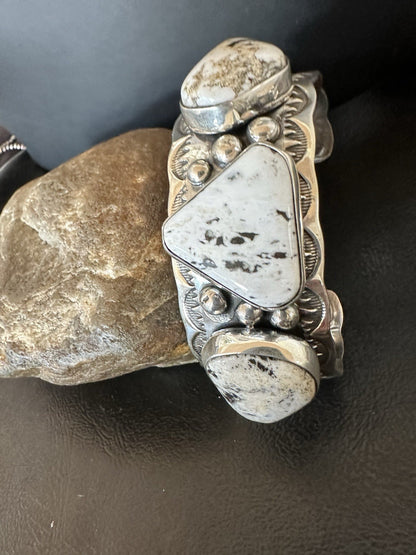 Mens White Buffalo Turquoise Navajo Sterling Silver Cuff Bracelet 7.75" 19427