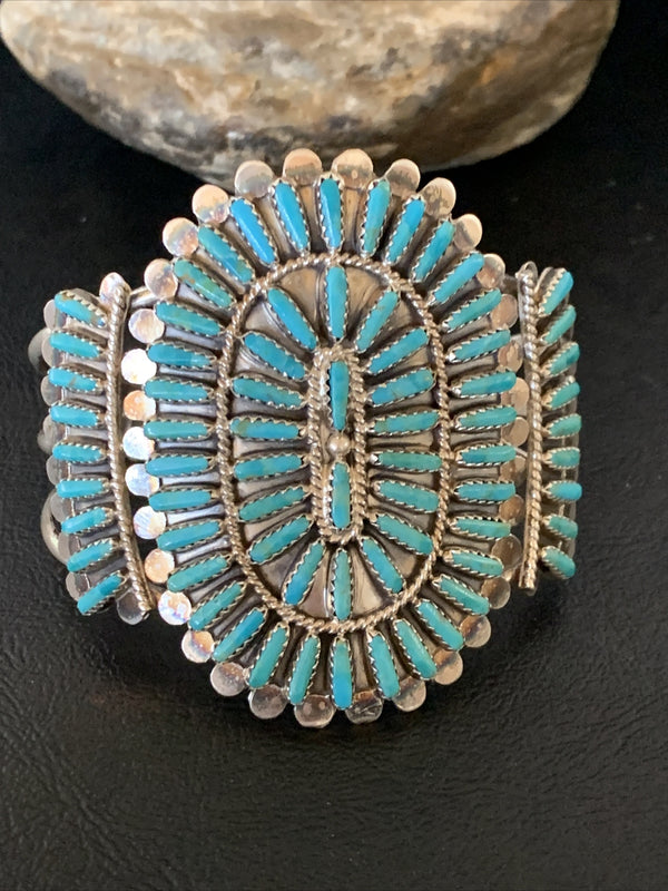 Blue Turquoise Zuni Cluster Cuff Bracelet | Sterling Silver | Authentic Native American Handmade | 12333
