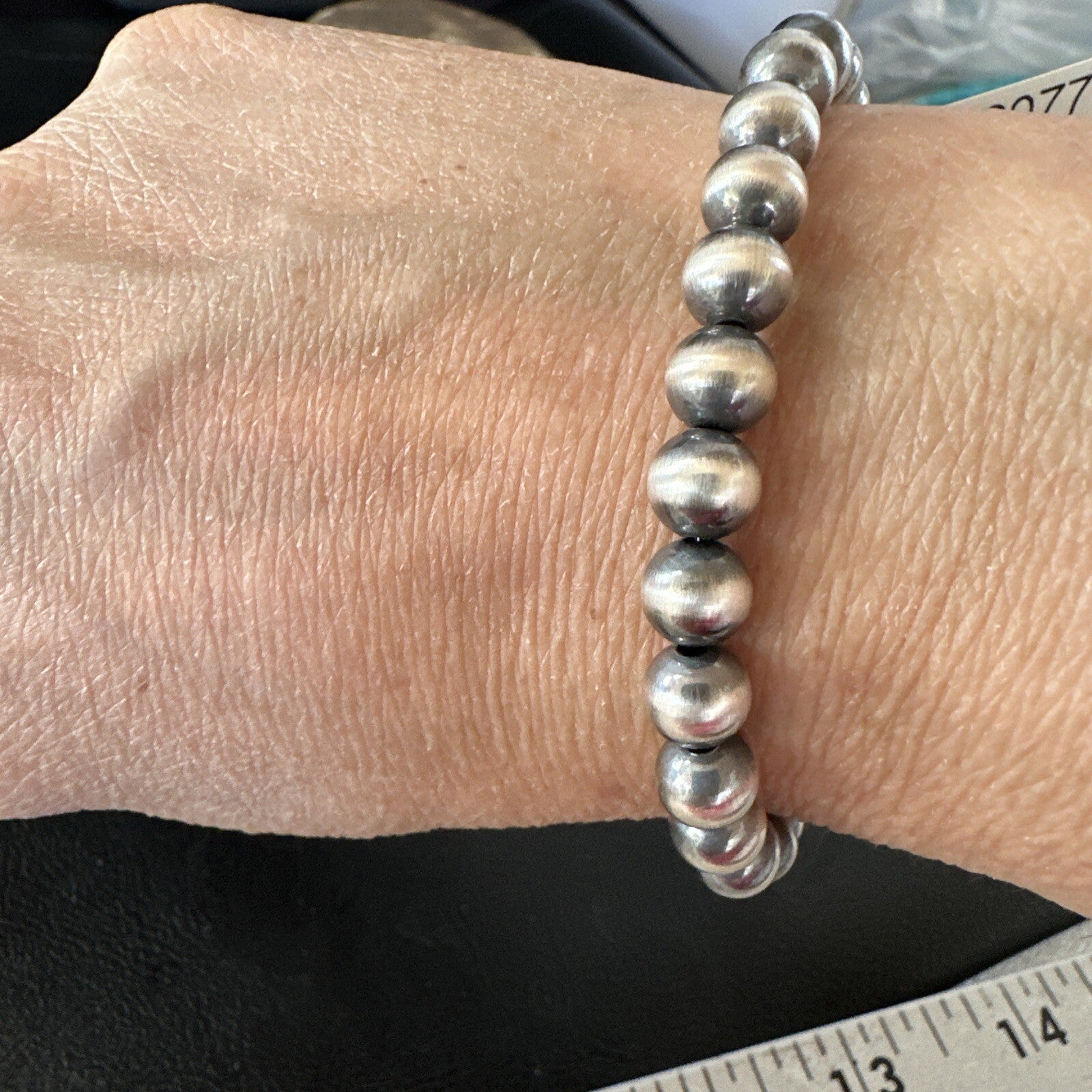 Native American 7mm Beads 7” Sterling Silver Stretch Beads Bracelet 90702