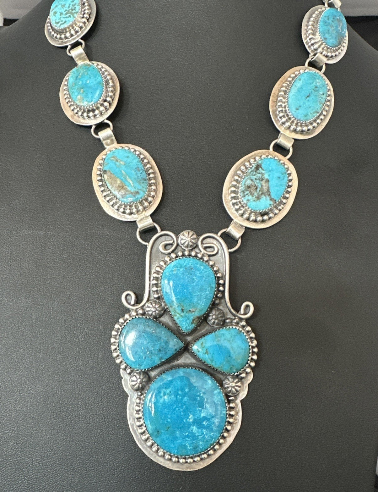 XXL Vintage Kingman Turquoise Navajo Sterling Silver Lariat Necklace 33” 19632