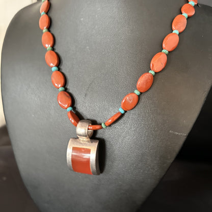 Carnelian Turquoise Navajo Pearls Sterling Silver Necklace Pendant 14375
