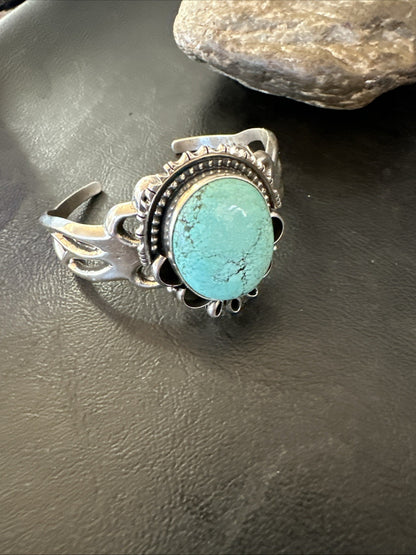 Yazzie Mens Blue Turquoise Navajo Sterling Silver Tufa Cast Cuff Bracelet 19694