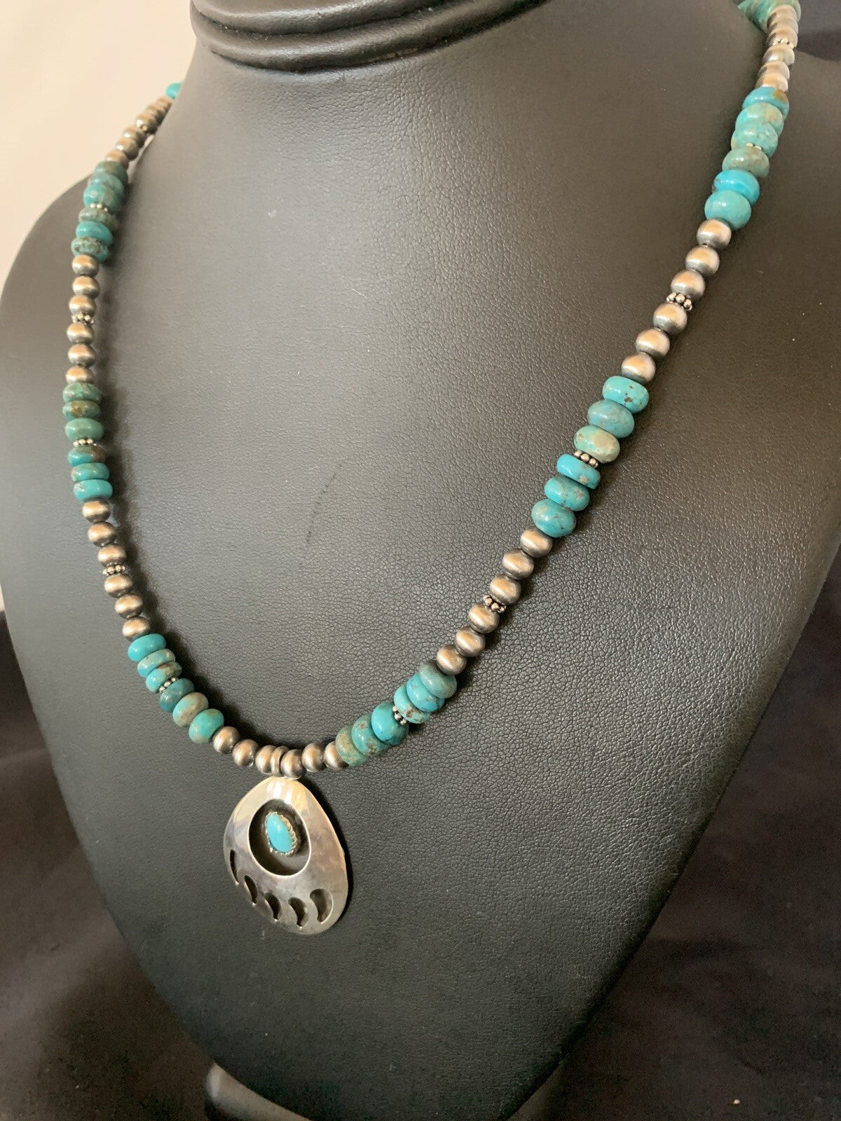 Bear Paw Navajo Sterling Silver Blue Kingman Turquoise Necklace Pendant 11693