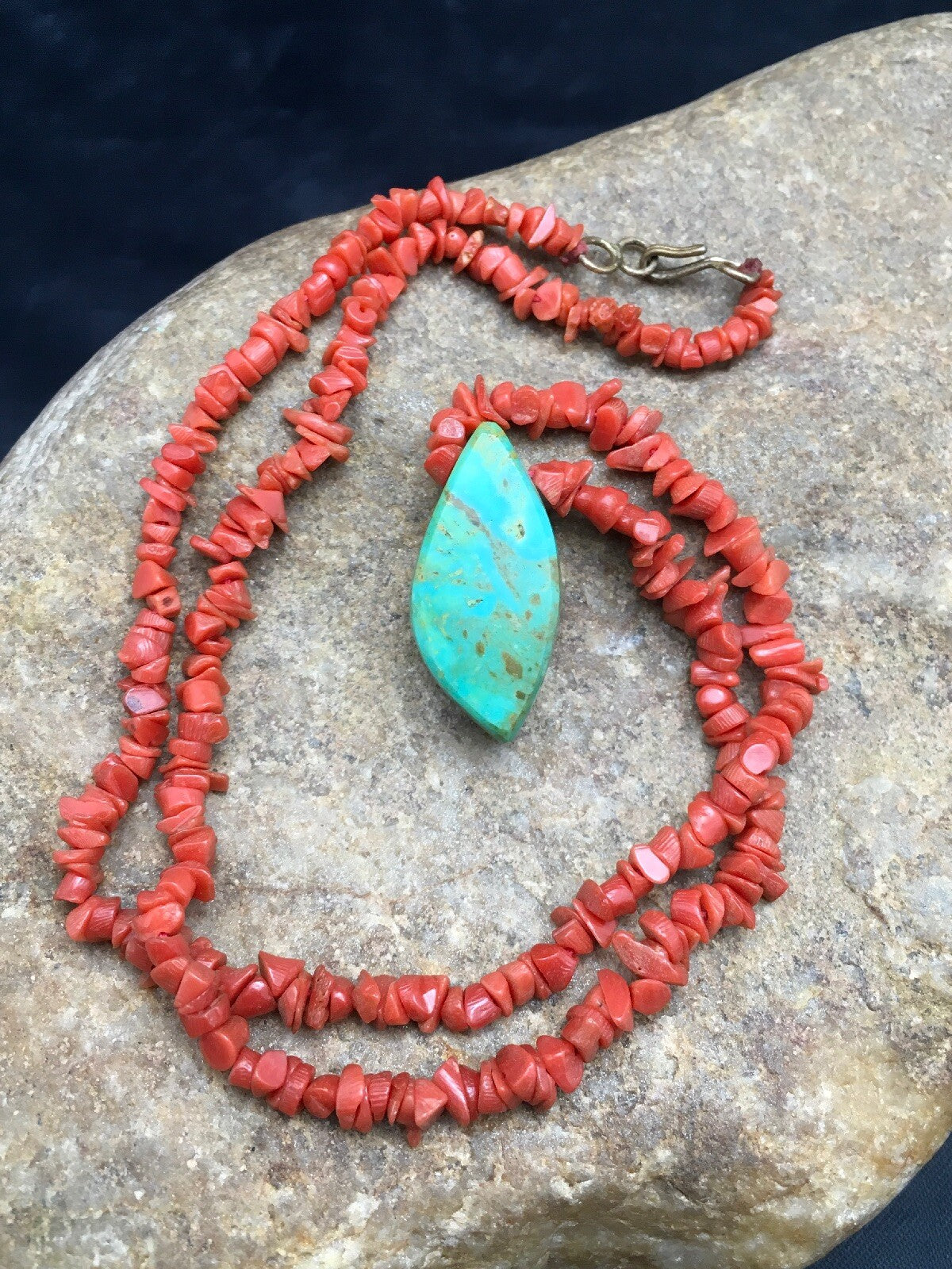 Native American Turquoise Pendant Coral Brass Old Pawn Necklace 19" 04005