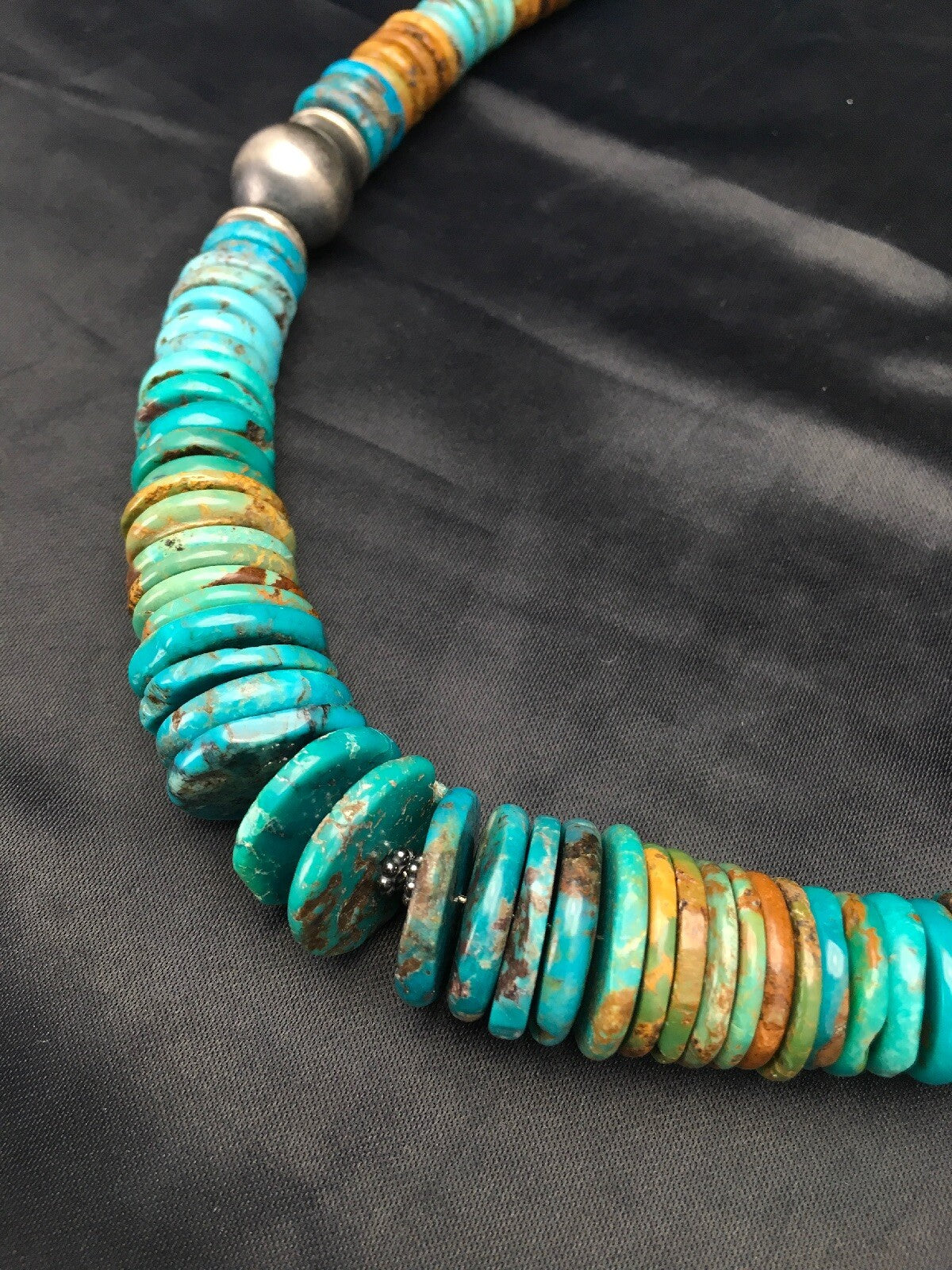 Blue Green Turquoise Navajo Sterling Silver Beads Necklace 02607