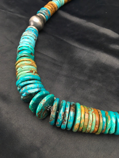 Blue Green Turquoise Navajo Sterling Silver Beads Necklace 02607