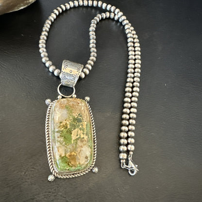 XL Mens Green Royston Turquoise Pendant Navajo Sterling Silver Necklace
