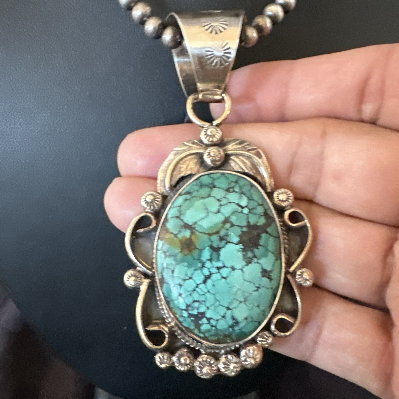 Men Women Navajo Sterling Silver Blue Spiderweb Turquoise Necklace Pendant 18094