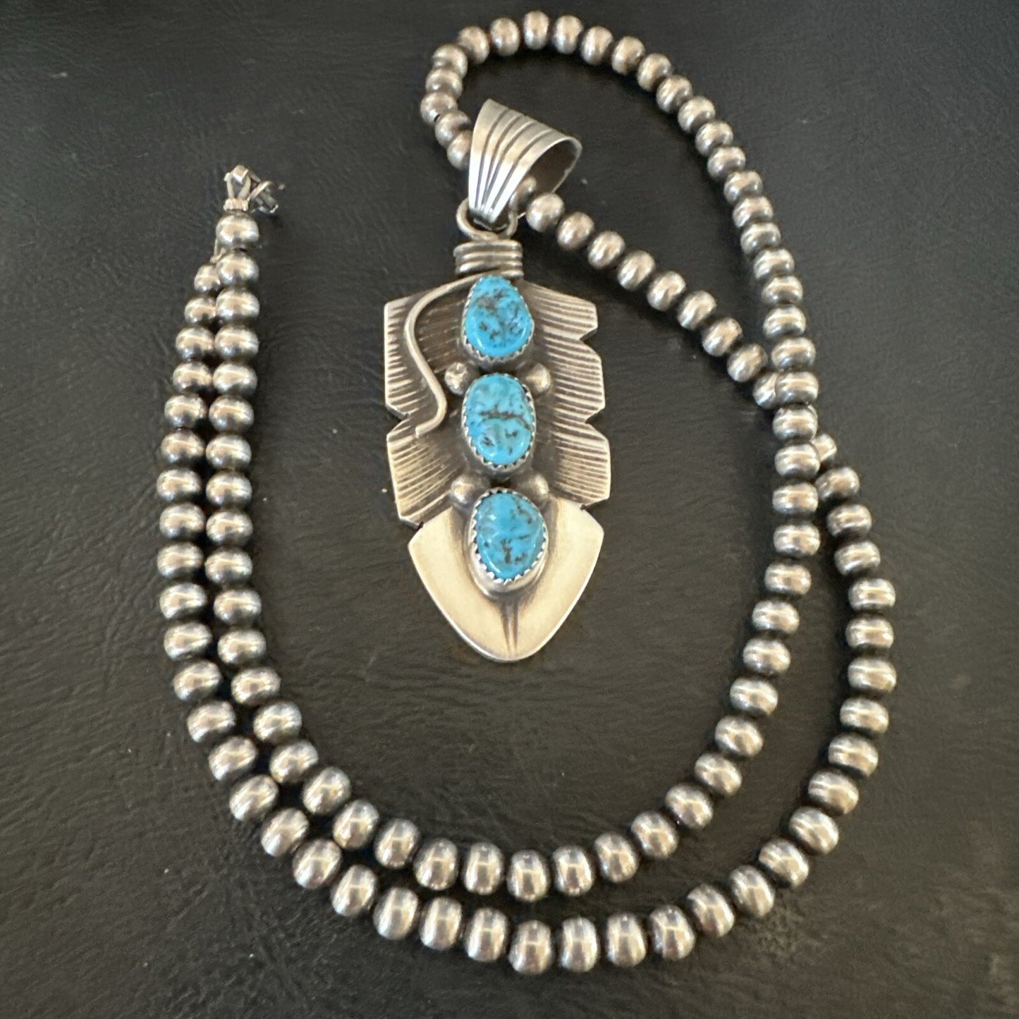 Mens Feather Kingman Turquoise Pendant Navajo Sterling Silver Necklace 17783