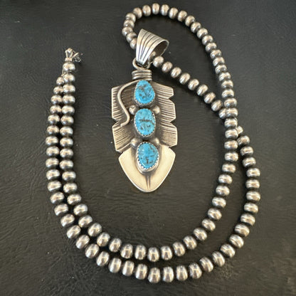 Mens Feather Kingman Turquoise Pendant Navajo Sterling Silver Necklace 17783