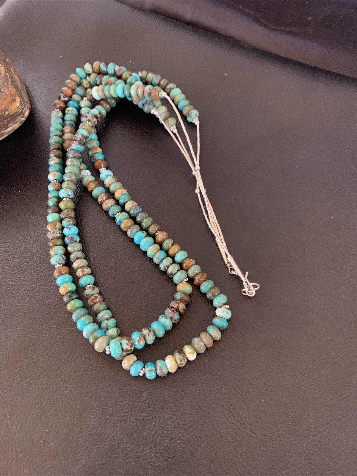 Native Navajo 2 Strands Blue Green Turquoise Sterling Silver Necklace 22" 09473