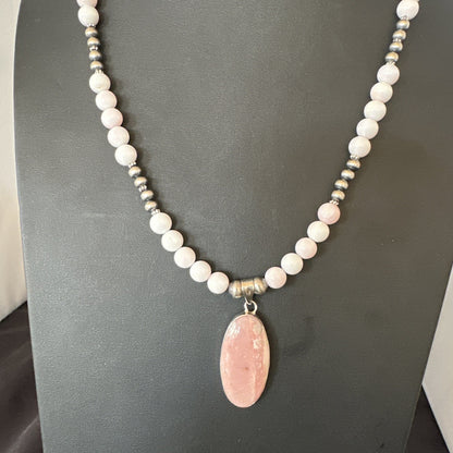 Southwestern Sterling Silver Pink Queen Conch Bead Necklace Pendant 20" 19582