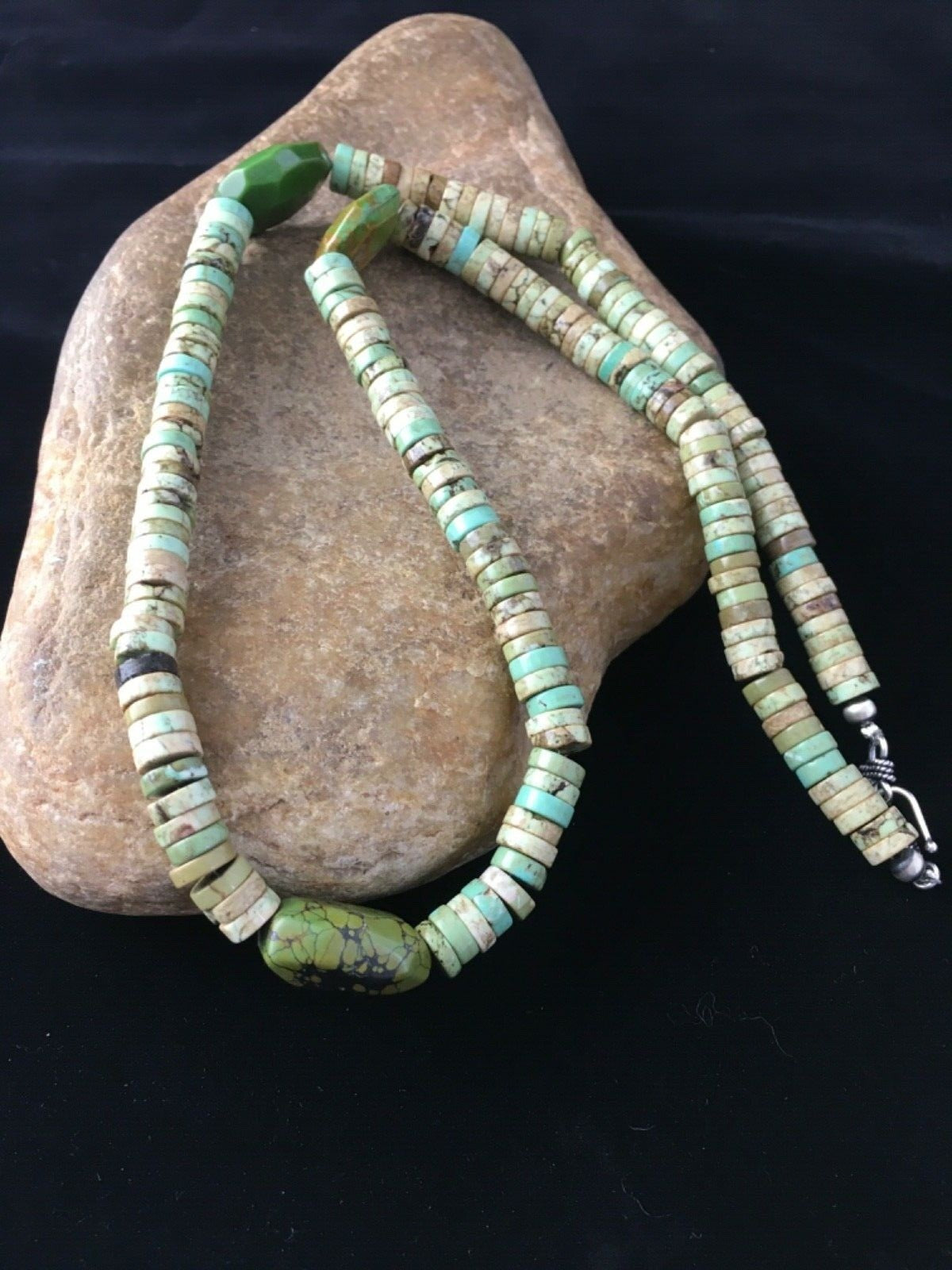 Mens Chunky Green Turquoise Navajo Sterling Silver Heishi Necklace 1797