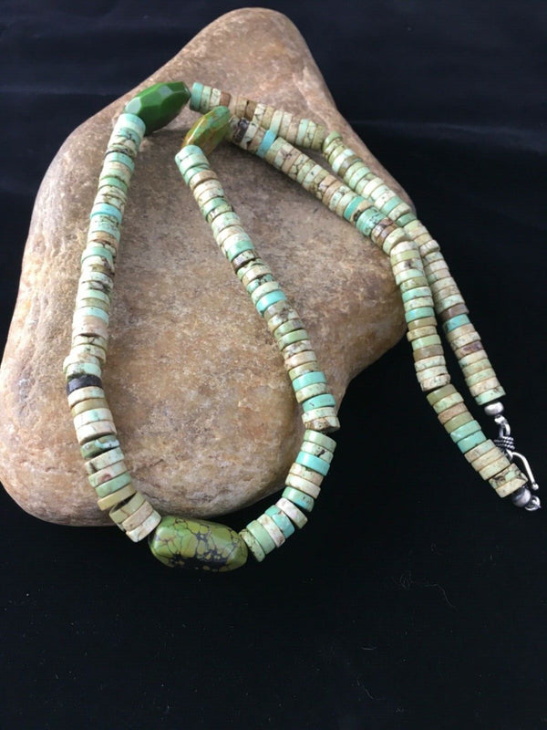 Men's Chunky Green Turquoise Navajo Heishi Necklace | Sterling Silver | Authentic Native American Handmade | 1797