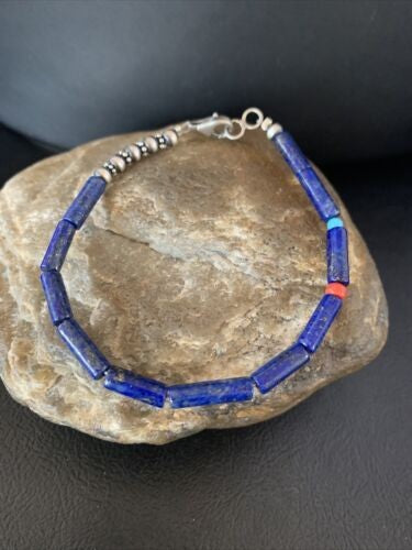 Navajo Lapis Turquoise Coral Beaded Bracelet Sterling Silver 7" 13117