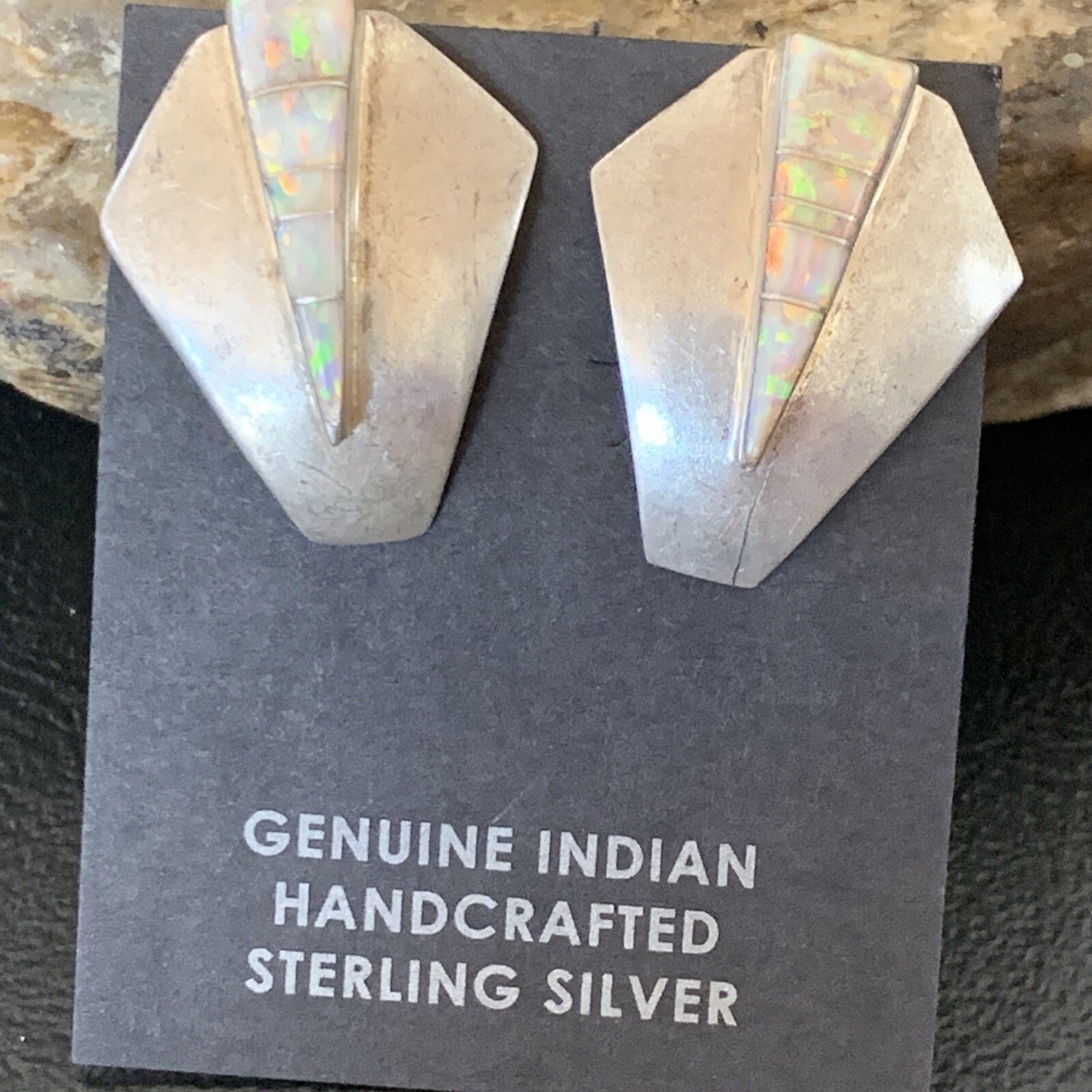 Womens White Opal Inlay Navajo Sterling Silver Dangle Post Earrings 0.5" 12766