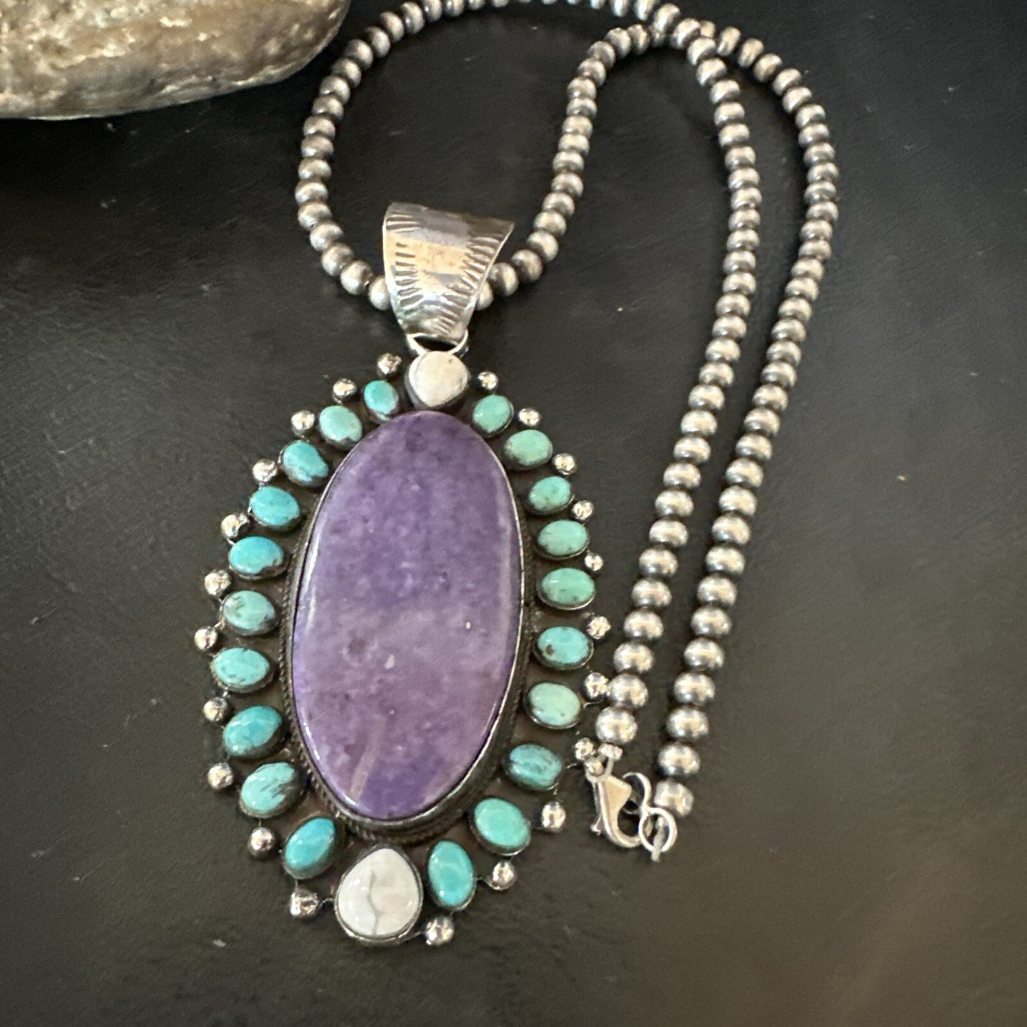 Purple Charoite Turquoise Navajo Sterling Silver Cluster Pendant 3.75" 18651