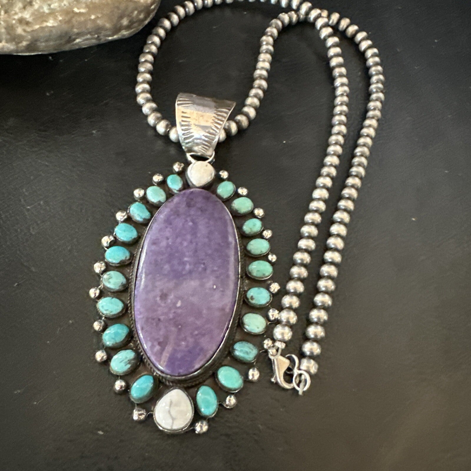 Purple Charoite Turquoise Navajo Sterling Silver Cluster Pendant 3.75" 18651