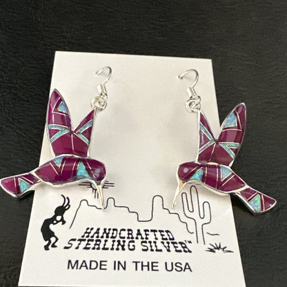 Purple Sugilite Opal Sterling Silver Hummingbird Dangle Earrings 18551