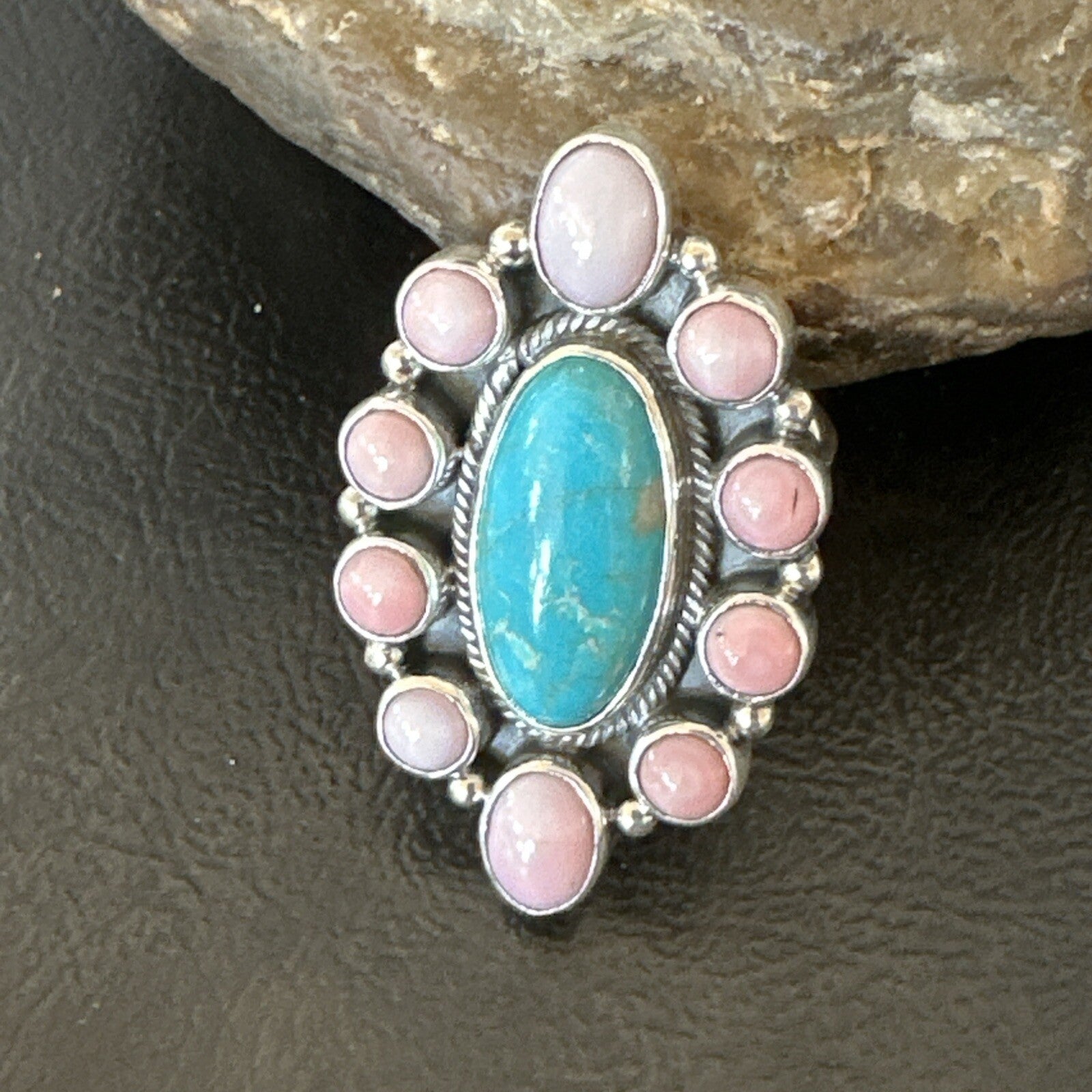 Cluster Ring Handmade Navajo Pink Conch Turquoise Sz 7 18789