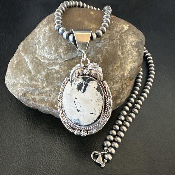 White Buffalo Turquoise Pendant Navajo Pearls Necklace | Sterling Silver | Authentic Native American Handmade | 19338