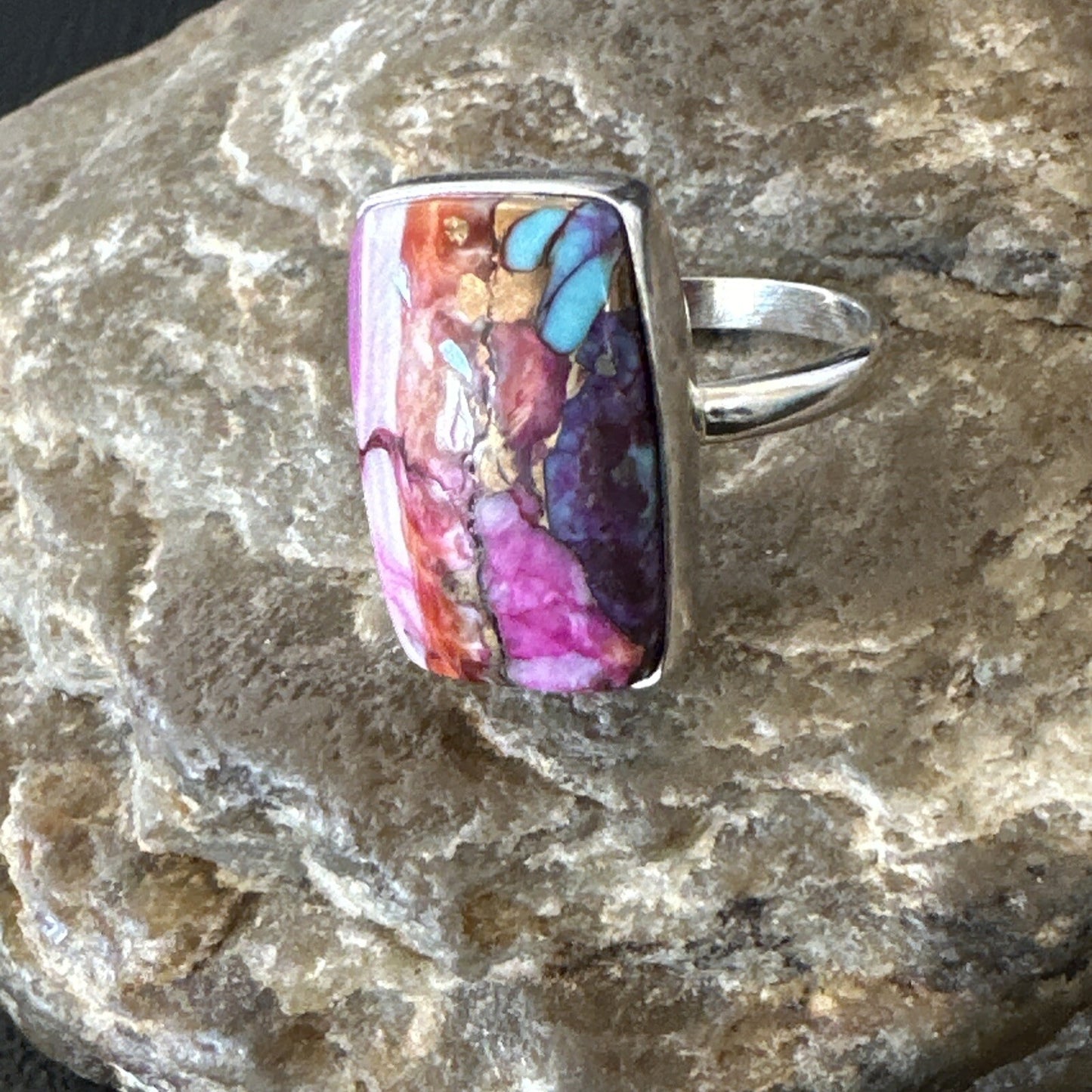 Blue Turquoise Spiny Oyster Southwestern Sterling Silver Ring Size 9 18468