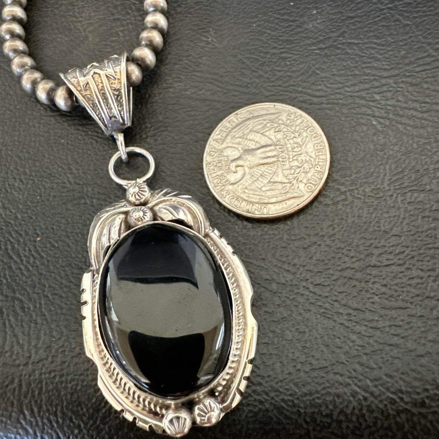 Mens Sterling Silver Beads Black Onyx Pendant Necklace 17992