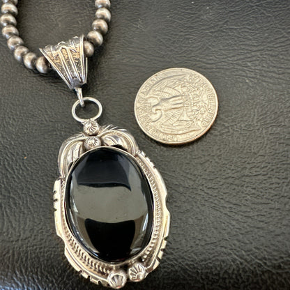Mens Sterling Silver Beads Black Onyx Pendant Necklace 17992