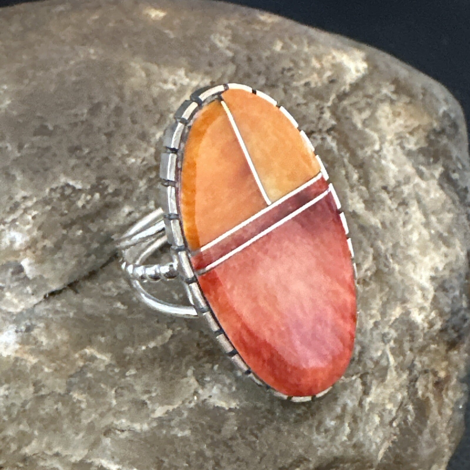 Women Orange Red Spiny Oyster Navajo Sterling Silver Ring Sz 8.5 17798