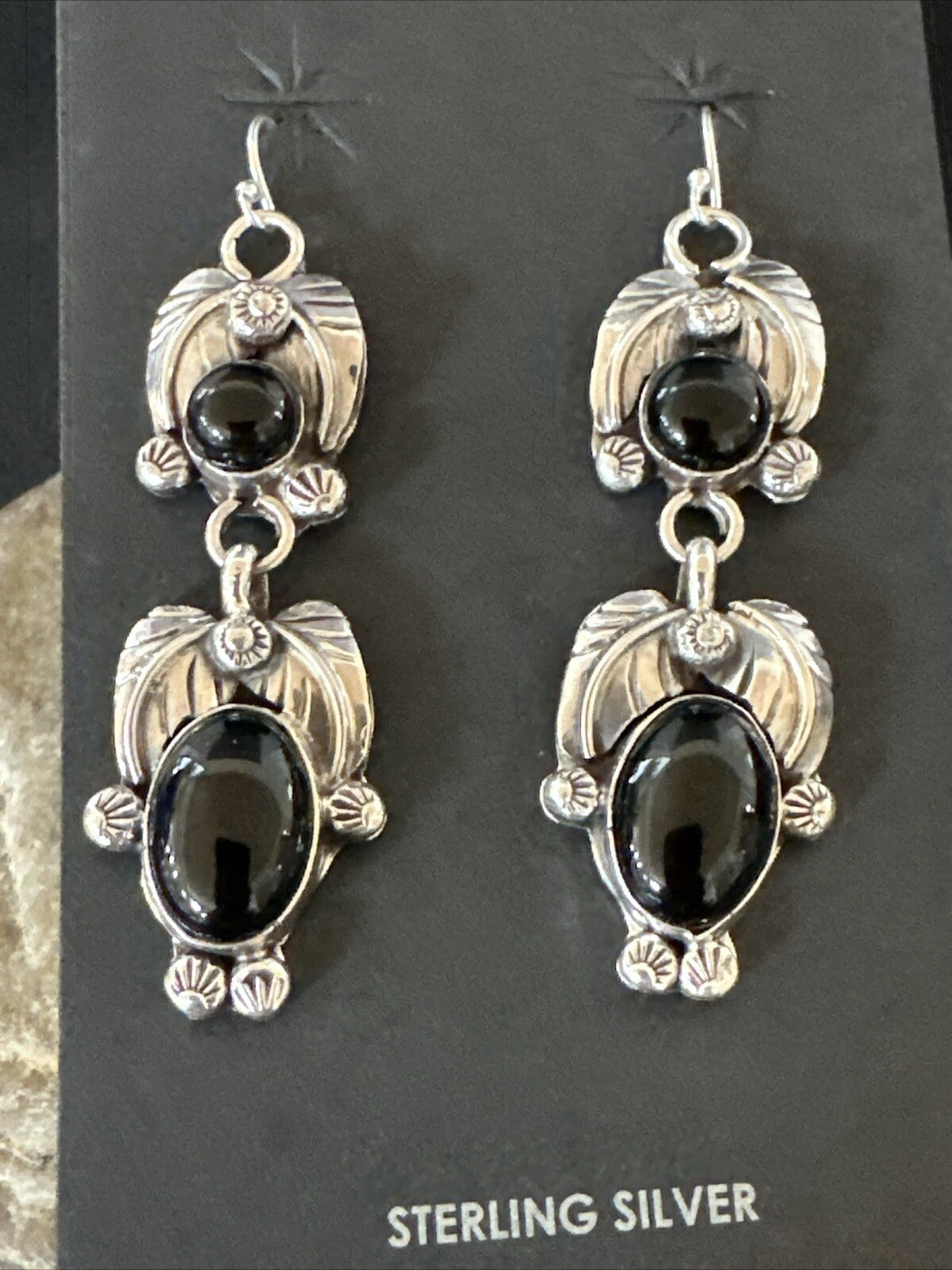 Black Onyx Navajo Sterling Silver Dangle Earrings 1.5" 18285