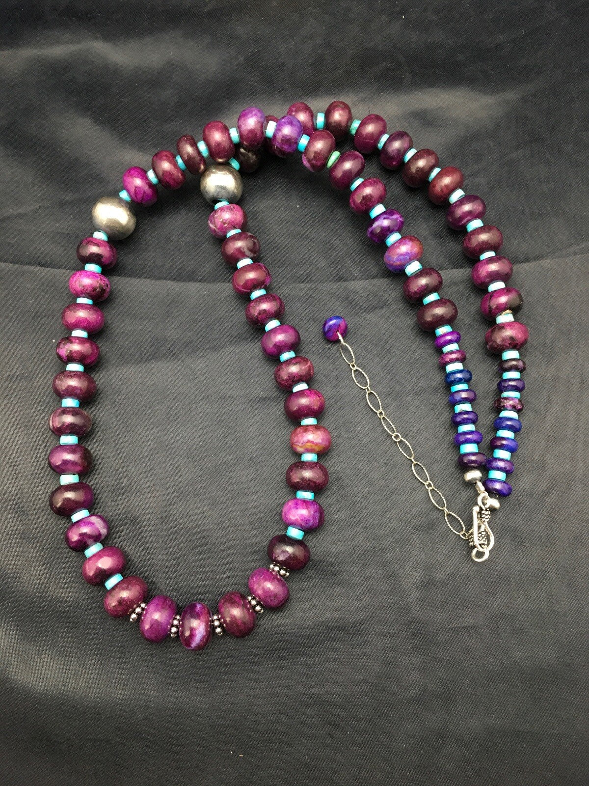 Purple Stone & Turquoise Bead Navajo Indian Sterling Necklace 27" 04061