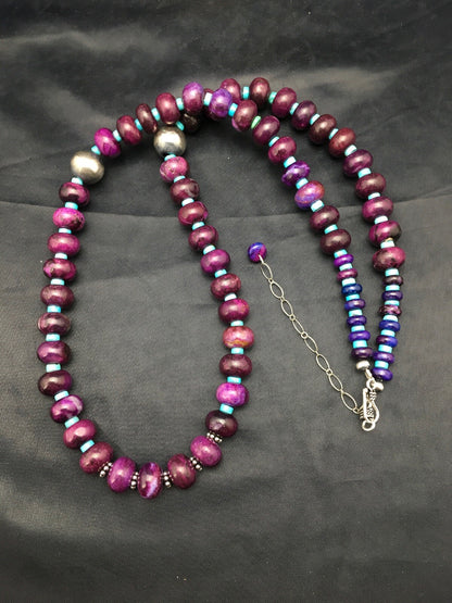Purple Stone & Turquoise Bead Navajo Indian Sterling Necklace 27" 04061