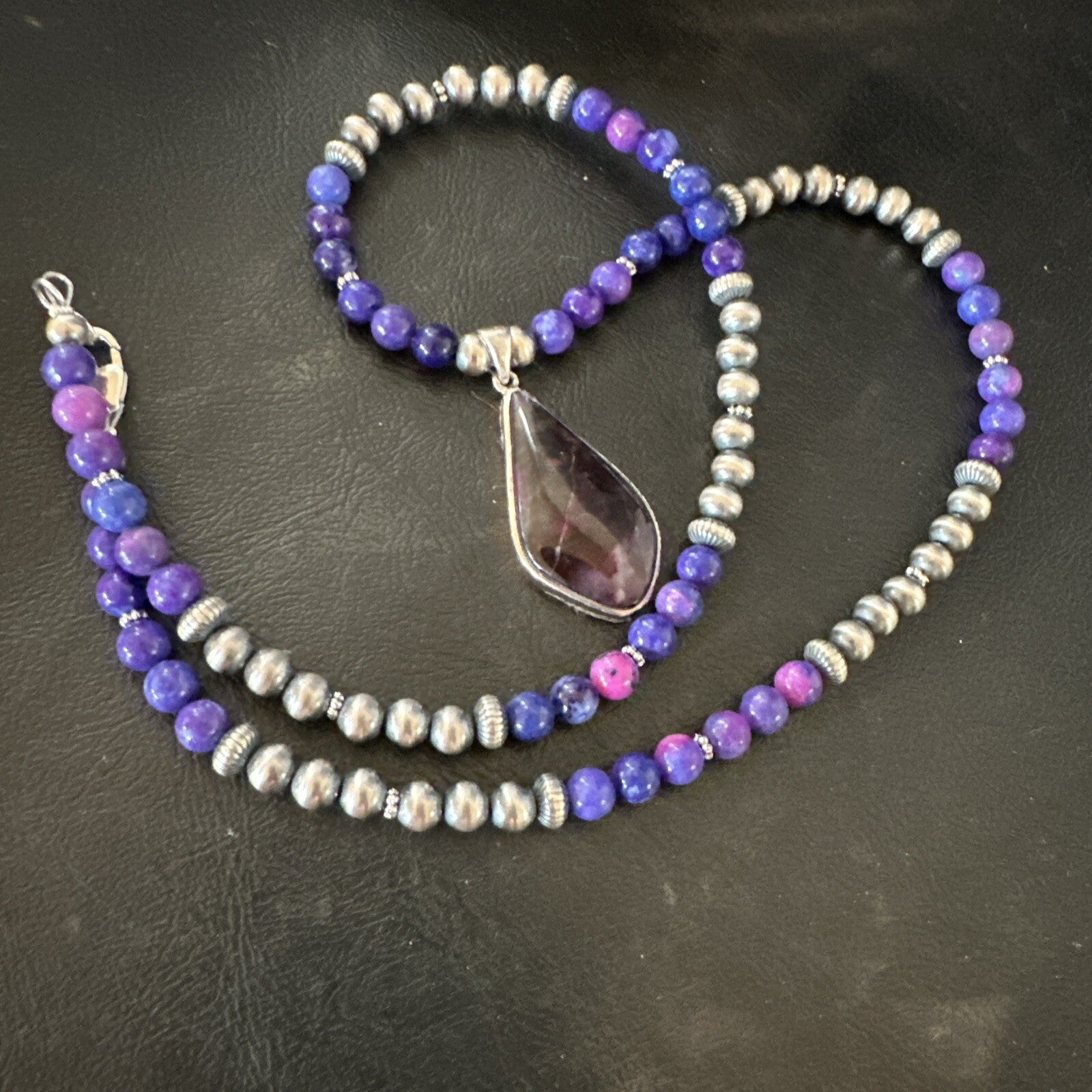 Purple Stone Pendant Navajo Pearls Sterling Silver Necklace 23" 17892