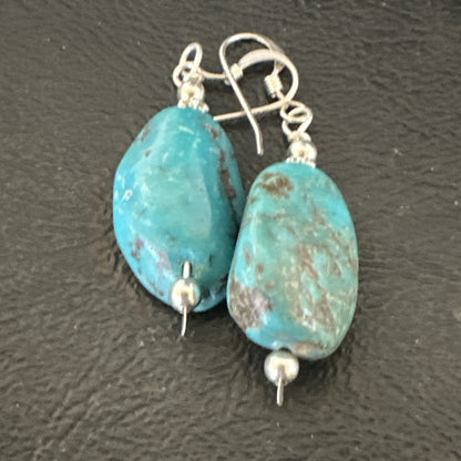Blue Turquoise Nugget Sterling Silver Beads Earrings 1" 17867