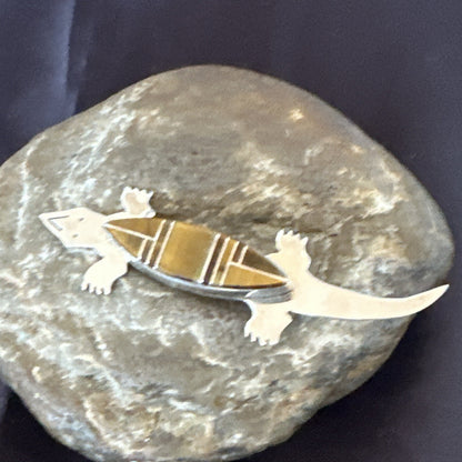 Coffee Brown Tigers Eye Navajo Gecko Sterling Silver Inlay Lizard Pin 3� 17950