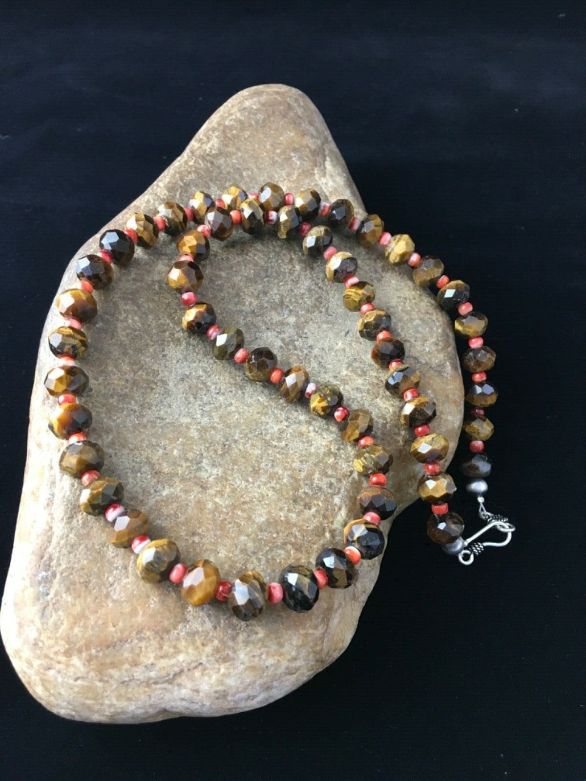 Tiger's Eye & Spiny Oyster Navajo Sterling Silver Necklace 1793
