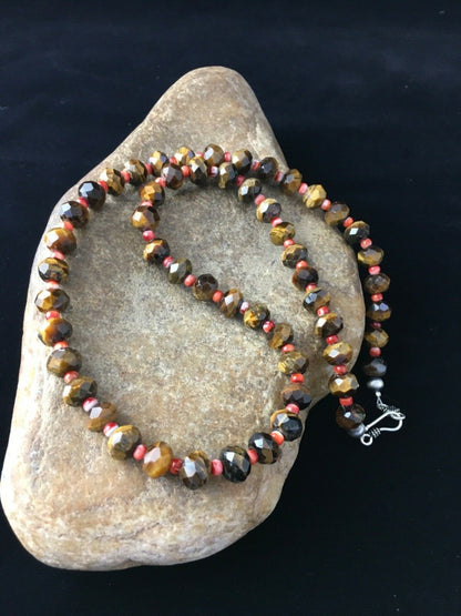 Tiger's Eye & Spiny Oyster Navajo Sterling Silver Necklace 1793