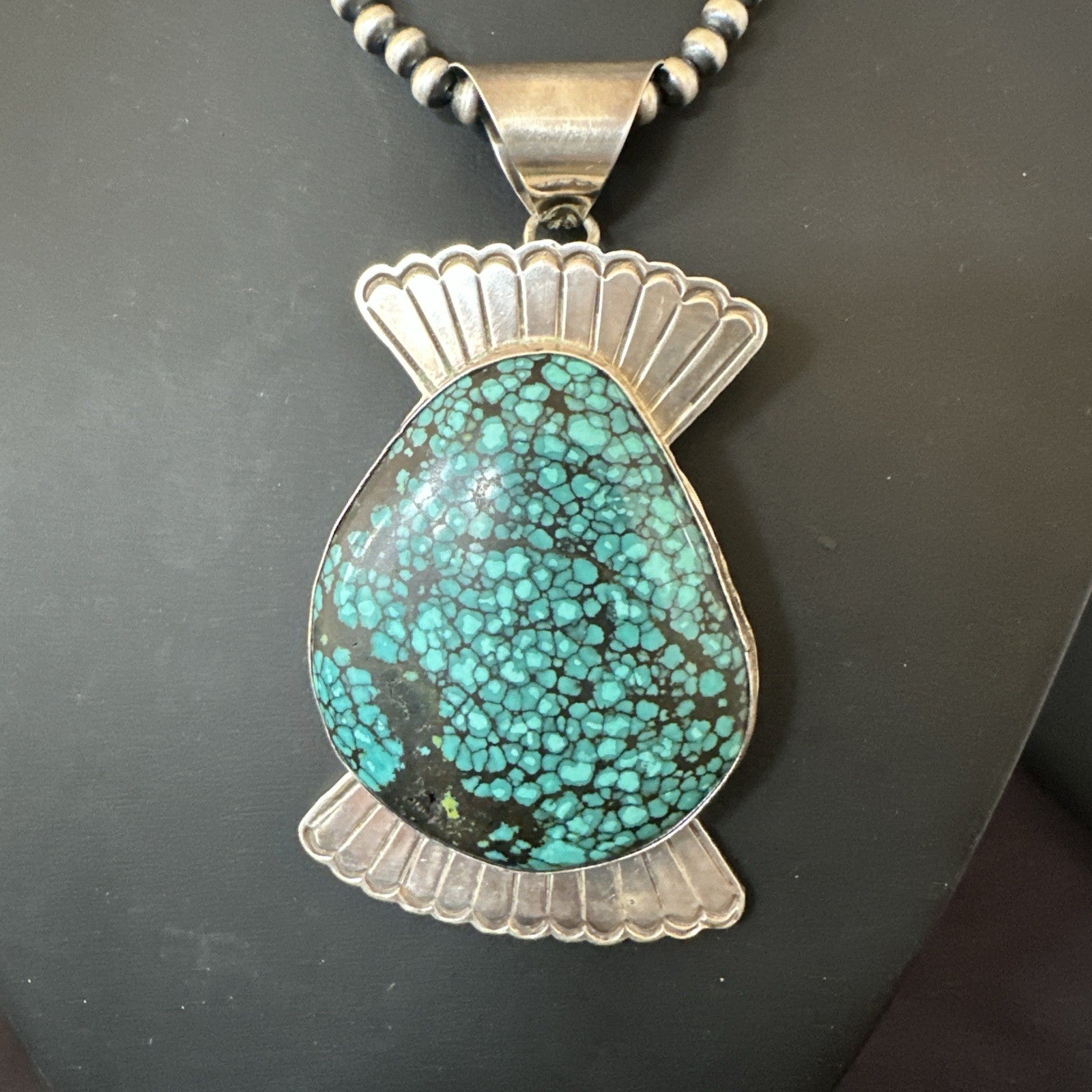 WoMens Blue Spiderweb Turquoise Pendant Navajo Sterling Silver Necklace 19299