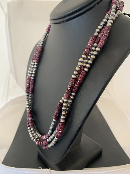 Native Navajo Sterling Silver 3 Strand Purple Spiny Oyster Necklace 22” 10115