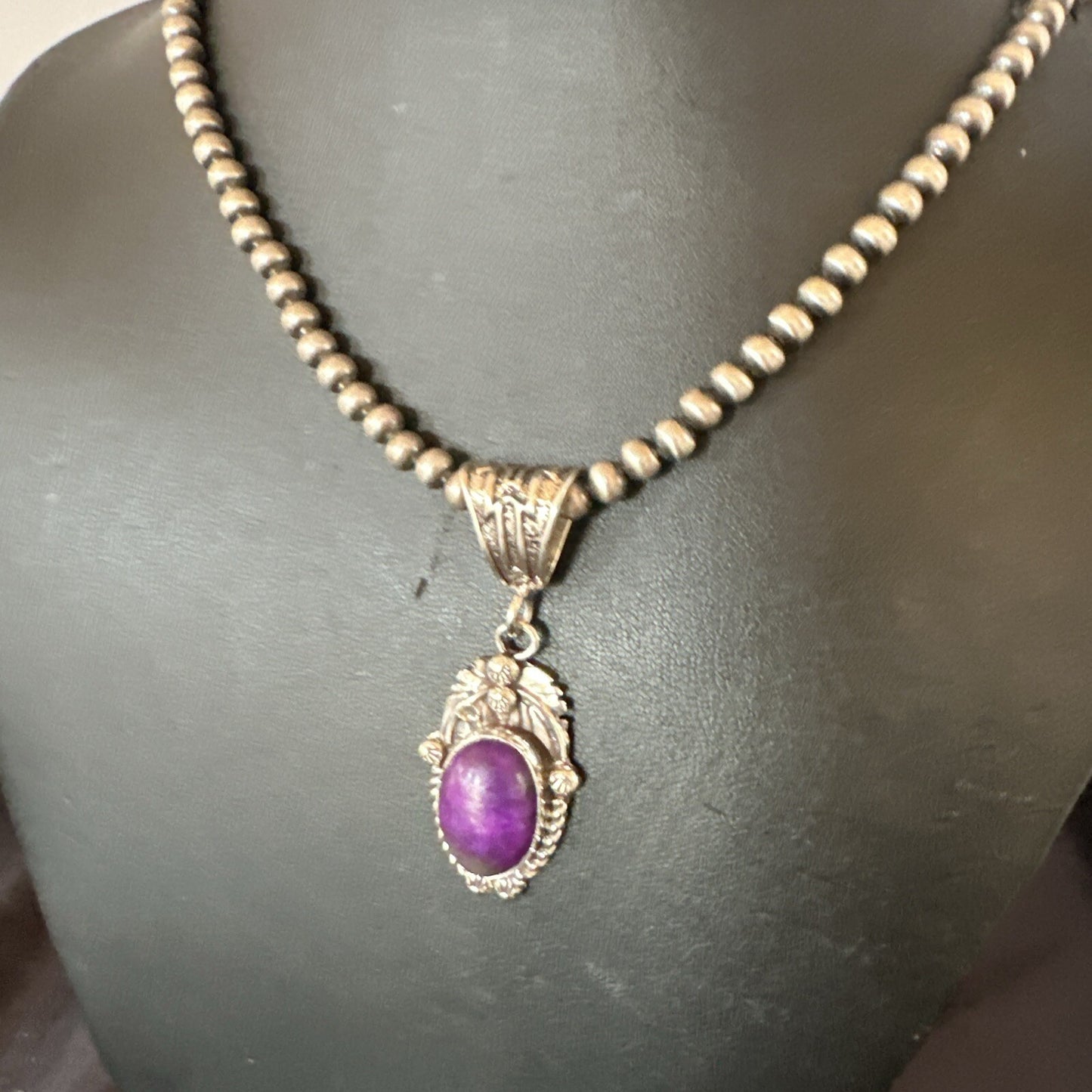 Purple Stone Pendant Sterling Silver Beads Necklace 20” 18048