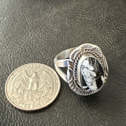 Mens Womens White Buffalo Turquoise Navajo Sterling Silver Ring Size 9 18587