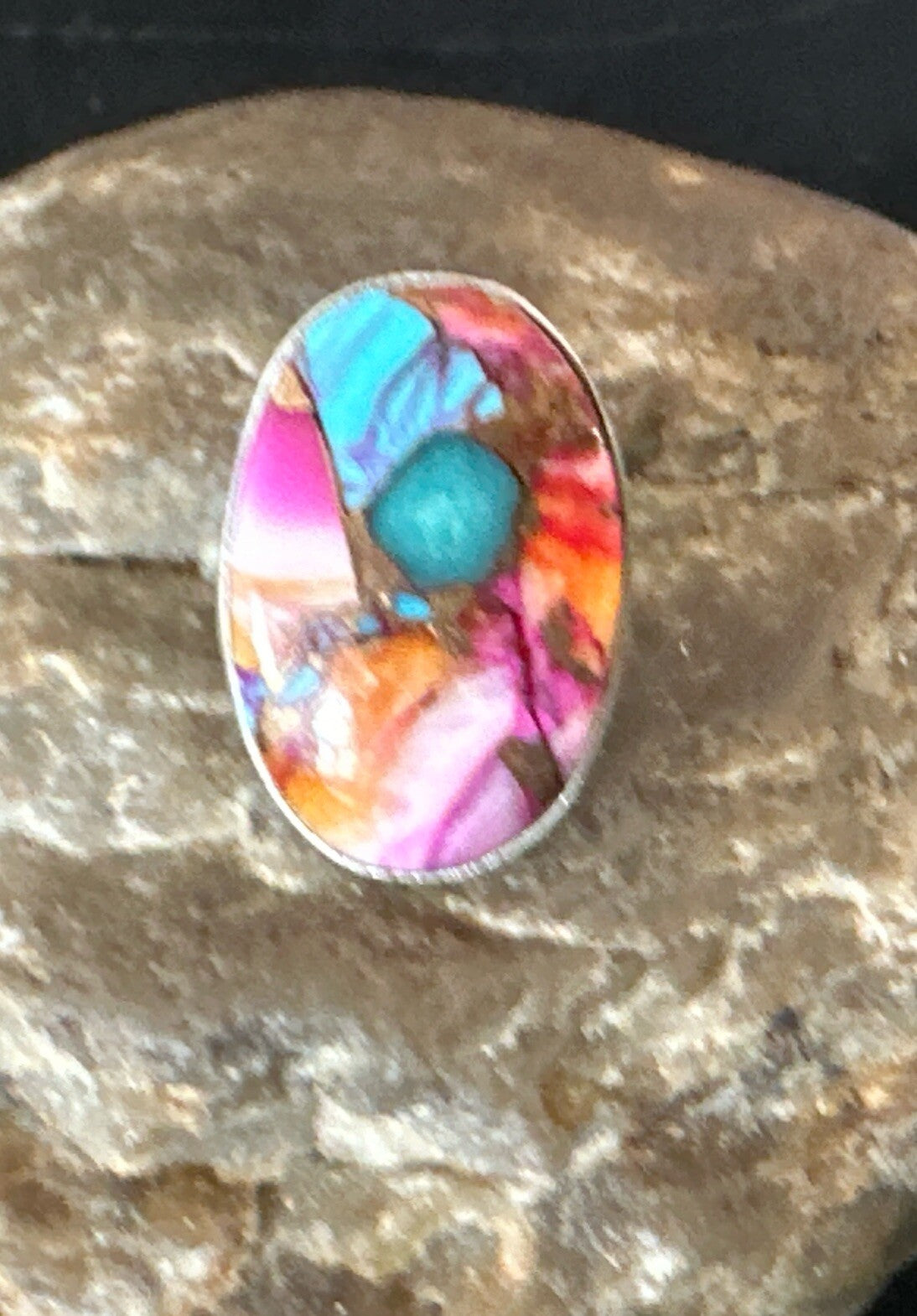 Blue Turquoise Spiny Oyster Southwestern Sterling Silver Ring Size 7 18495
