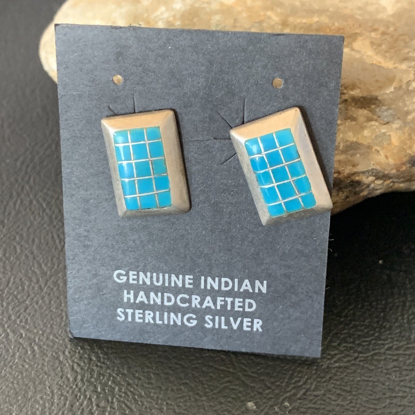 Blue Turquoise Inlay Navajo Sterling Silver Dangle Post Earrings 0.5" 12749