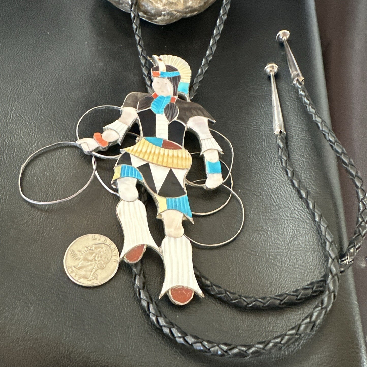 Men Bolo Tie Zuni Hoop Dancer Blue Turquoise Onyx Inlay Sterling Silver 18147