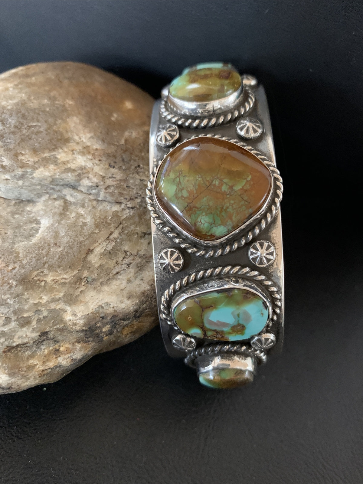Green Royston Turquoise 5 Stone Navajo Sterling Silver Cuff Bracelet 1380