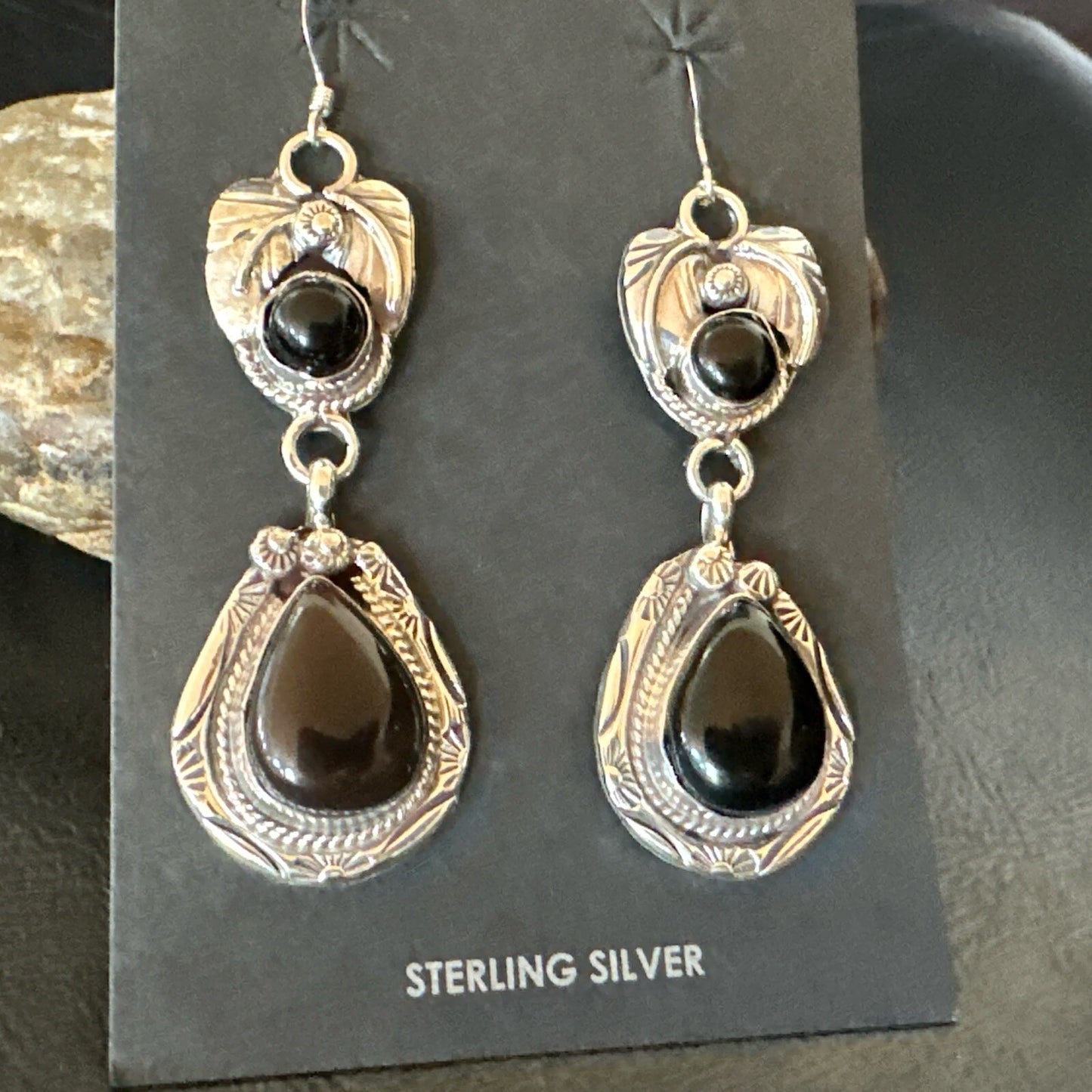 Black Onyx Navajo Sterling Silver Dangle Earrings 1.5" 18286